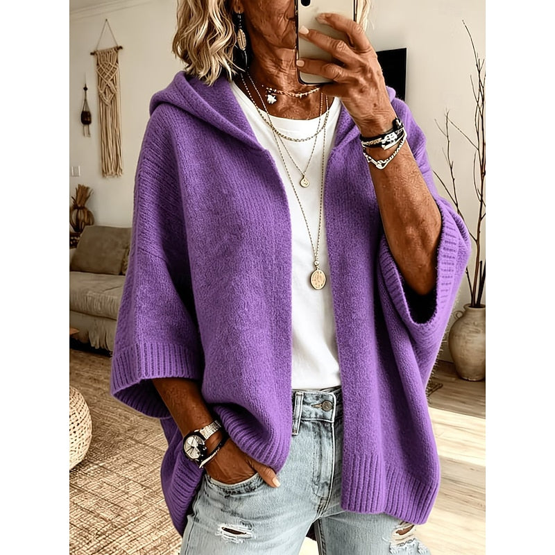 Dames Gebreide Cardigan met Kap in paars, Comfortabele Oversized Fit