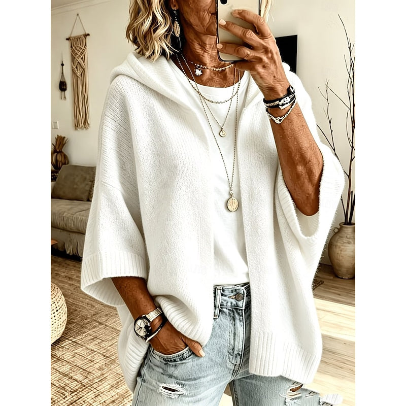 Dames Gebreide Cardigan met Kap in wit, Comfortabele Oversized Fit