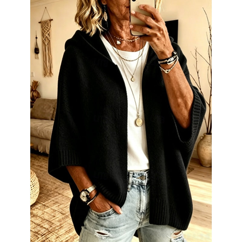 Dames Gebreide Cardigan met Kap in zwart, Comfortabele Oversized Fit