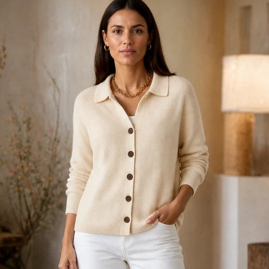 Dames Gebreide Cardigan met Omgeslagen Kraag in beige, Casual Chic