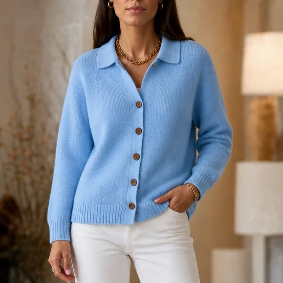 Dames Gebreide Cardigan met Omgeslagen Kraag in blauw, Casual Chic