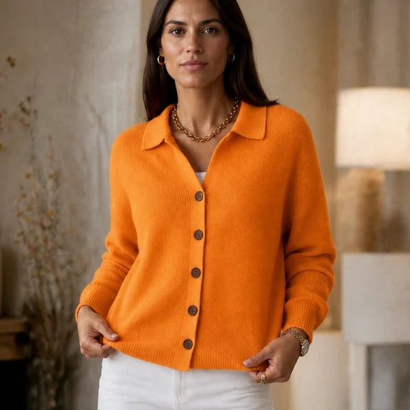 Dames Gebreide Cardigan met Omgeslagen Kraag in oranje, Casual Chic