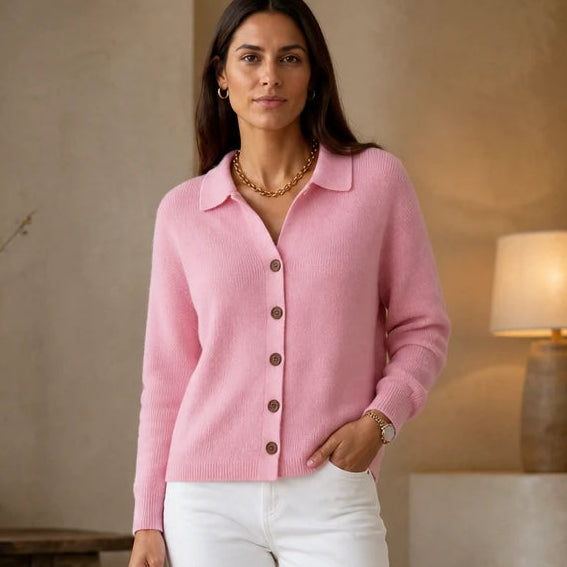 Dames Gebreide Cardigan met Omgeslagen Kraag in roze, Casual Chic