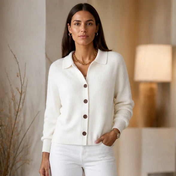 Dames Gebreide Cardigan met Omgeslagen Kraag in wit, Casual Chic