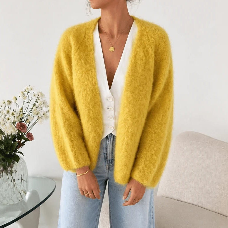 Dames Gebreide Cardigan Open in geel, Zachte Mohair Look