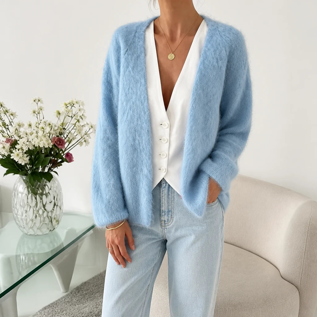 Dames Gebreide Cardigan Open in hemelsblauw, Zachte Mohair Look