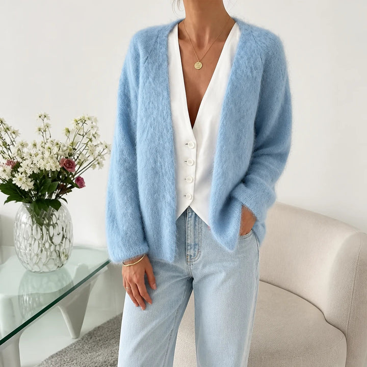 Dames Gebreide Cardigan Open in hemelsblauw, Zachte Mohair Look