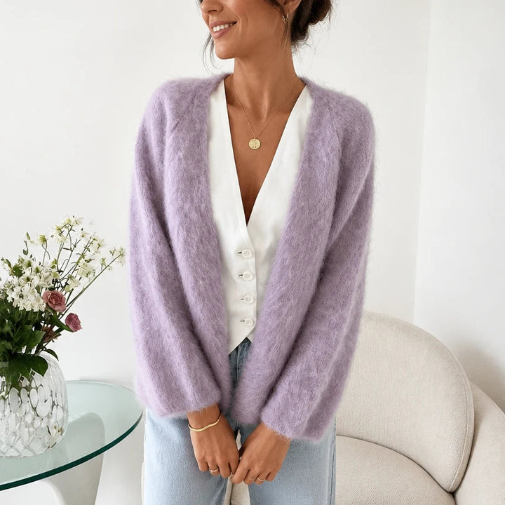Dames Gebreide Cardigan Open in paars, Zachte Mohair Look