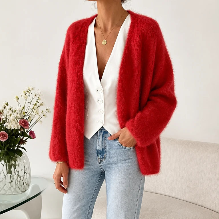 Dames Gebreide Cardigan Open in rood, Zachte Mohair Look