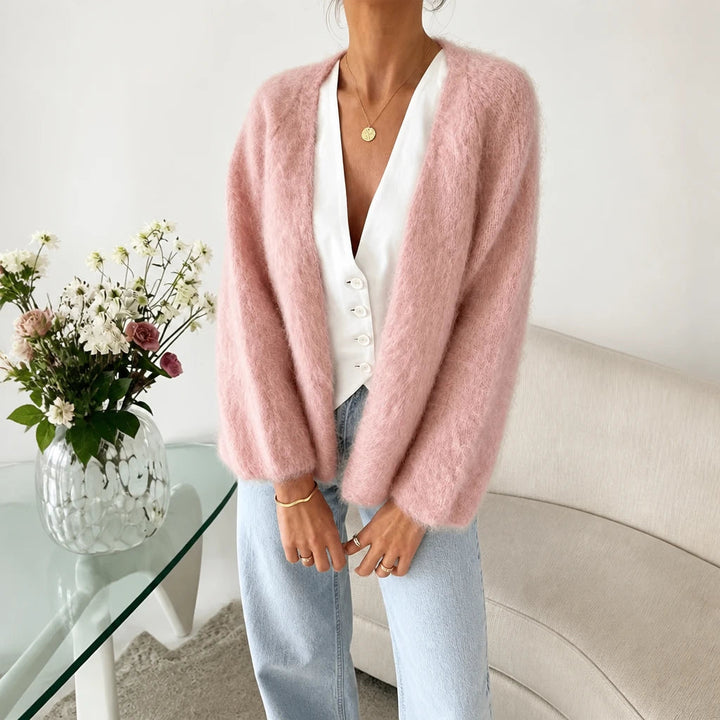 Dames Gebreide Cardigan Open in roze, Zachte Mohair Look