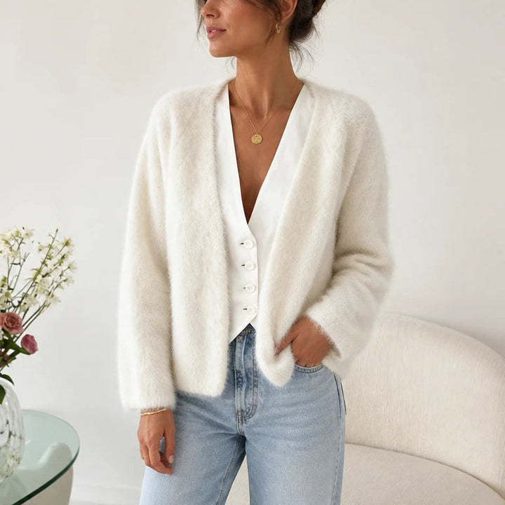 Dames Gebreide Cardigan Open in wit, Zachte Mohair Look