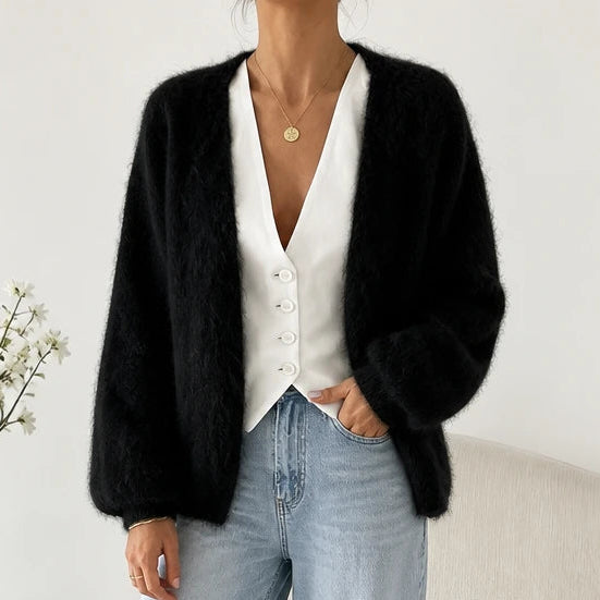 Dames Gebreide Cardigan Open in zwart, Zachte Mohair Look