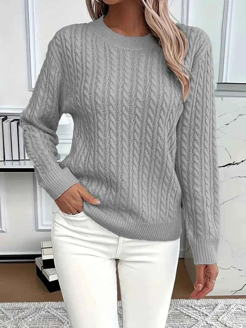 Dames Gebreide Trui met Ronde Hals - Relaxed Fit - Grijs