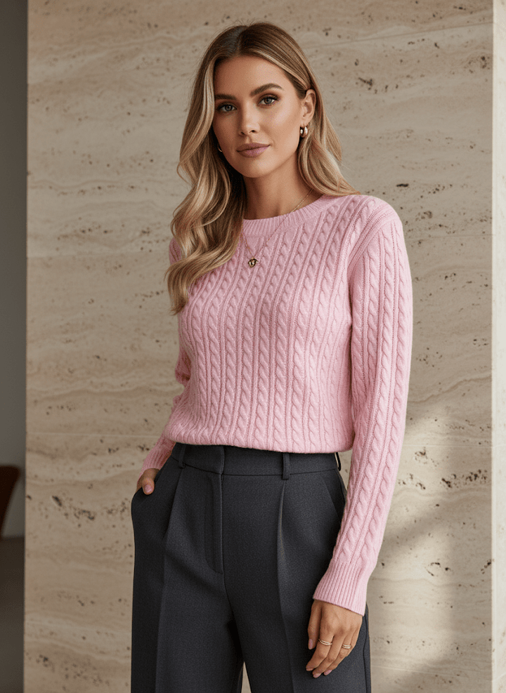 Dames Gebreide Trui met Ronde Hals - Relaxed Fit - Roze-Wit