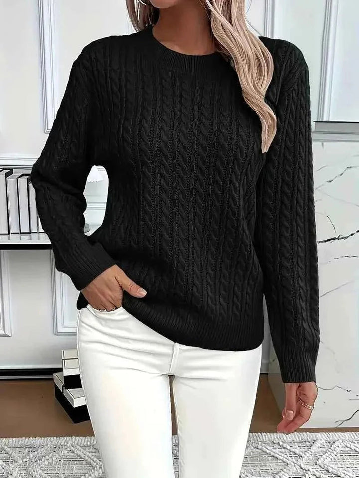 Dames Gebreide Trui met Ronde Hals - Relaxed Fit - Zwart