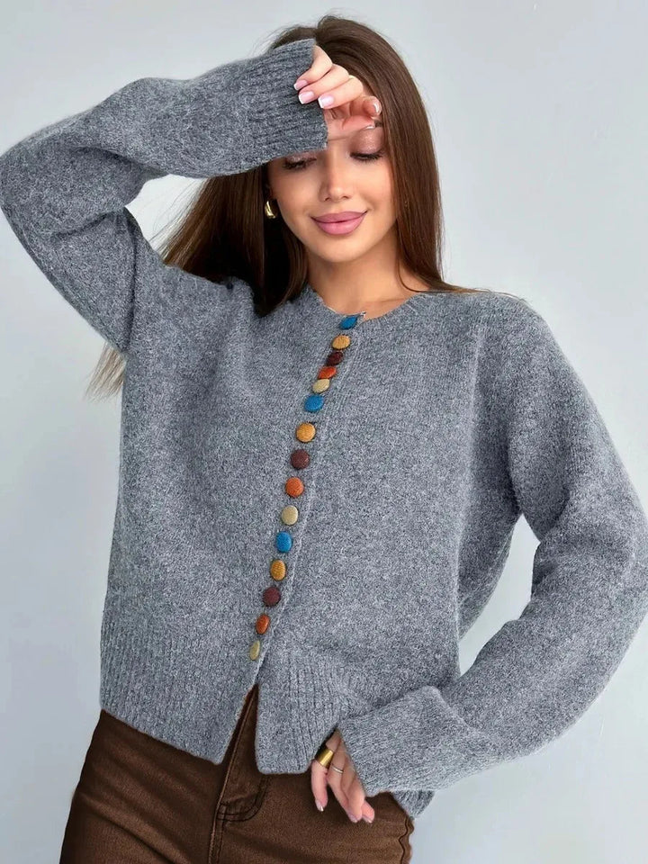 Dames Gebreide Vest met Knopen in grijs, Patroon en Ribgebreide Details