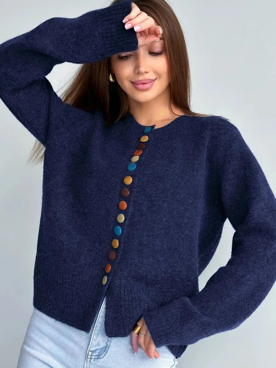 Dames Gebreide Vest met Knopen in marineblauw, Patroon en Ribgebreide Details
