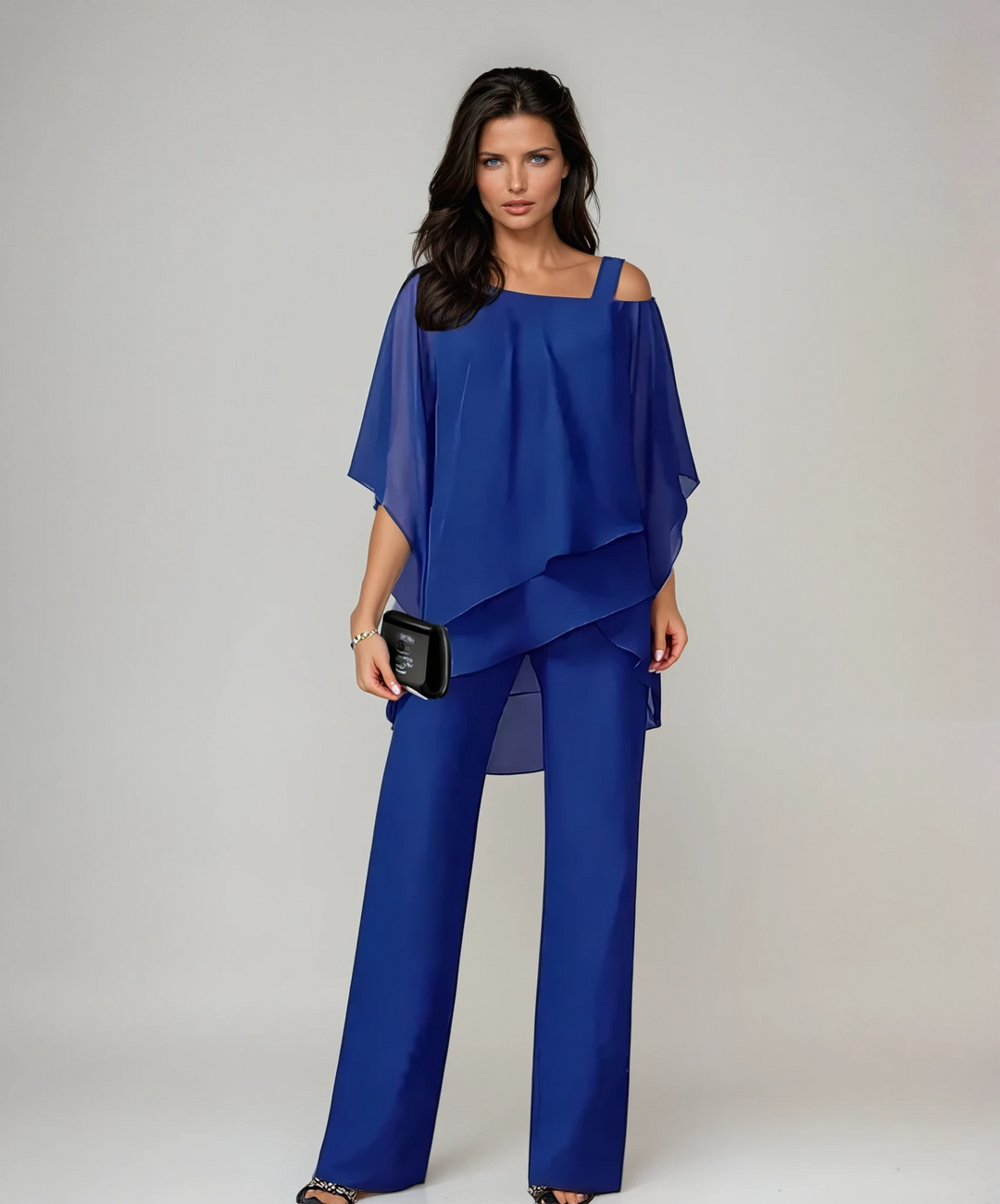 Dames Gelaagde Tweedelige Set - Elegante Vloeistof Silhouet - Blauw