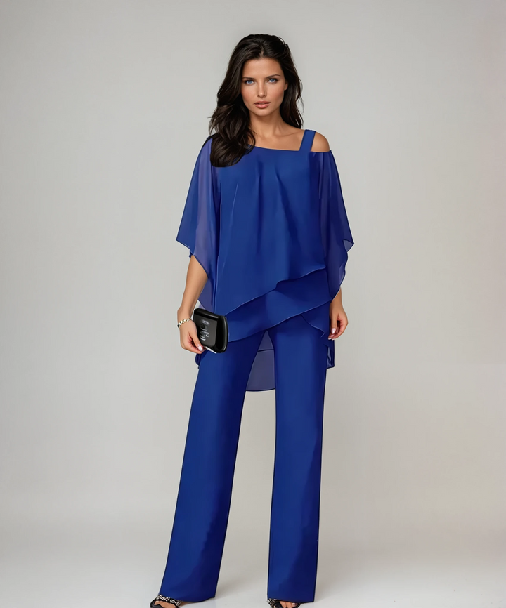 Dames Gelaagde Tweedelige Set - Elegante Vloeistof Silhouet - Blauw