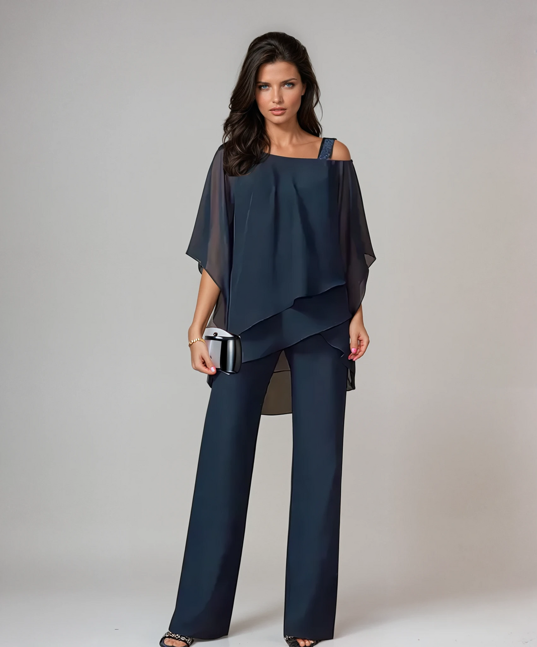 Dames Gelaagde Tweedelige Set - Elegante Vloeistof Silhouet - Marineblauw