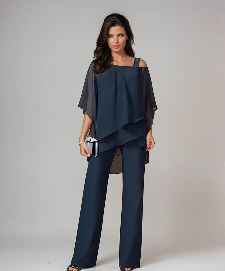 Dames Gelaagde Tweedelige Set - Elegante Vloeistof Silhouet - Marineblauw