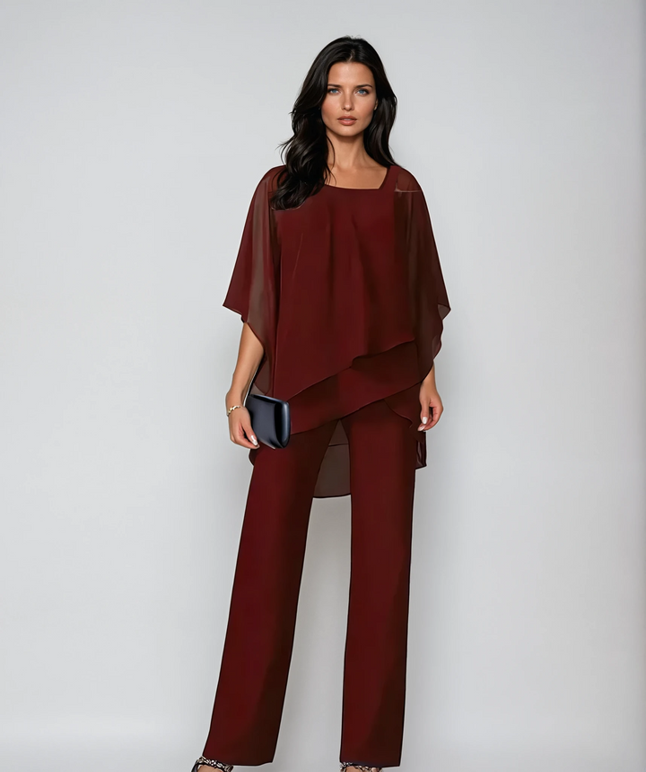 Dames Gelaagde Tweedelige Set - Elegante Vloeistof Silhouet - Rood