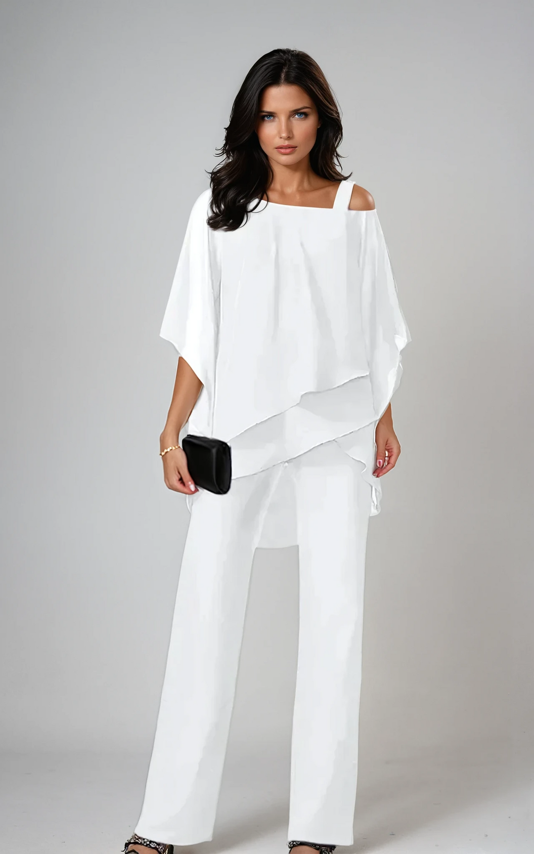 Dames Gelaagde Tweedelige Set - Elegante Vloeistof Silhouet - Wit