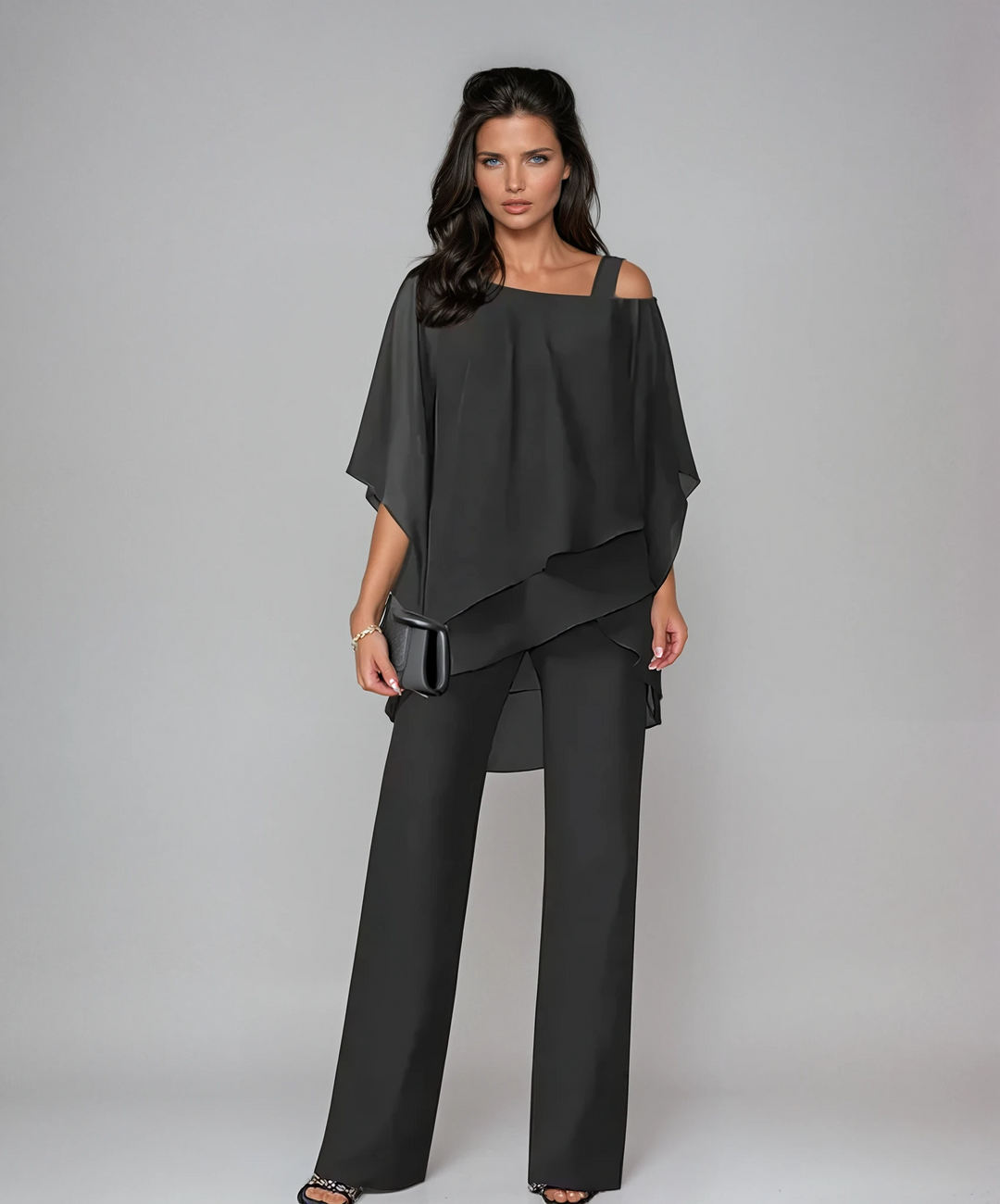 Dames Gelaagde Tweedelige Set - Elegante Vloeistof Silhouet - Zwart
