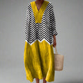 Dames Geometric V-Hals Jurk - Vintage Zomerstijl - Geel