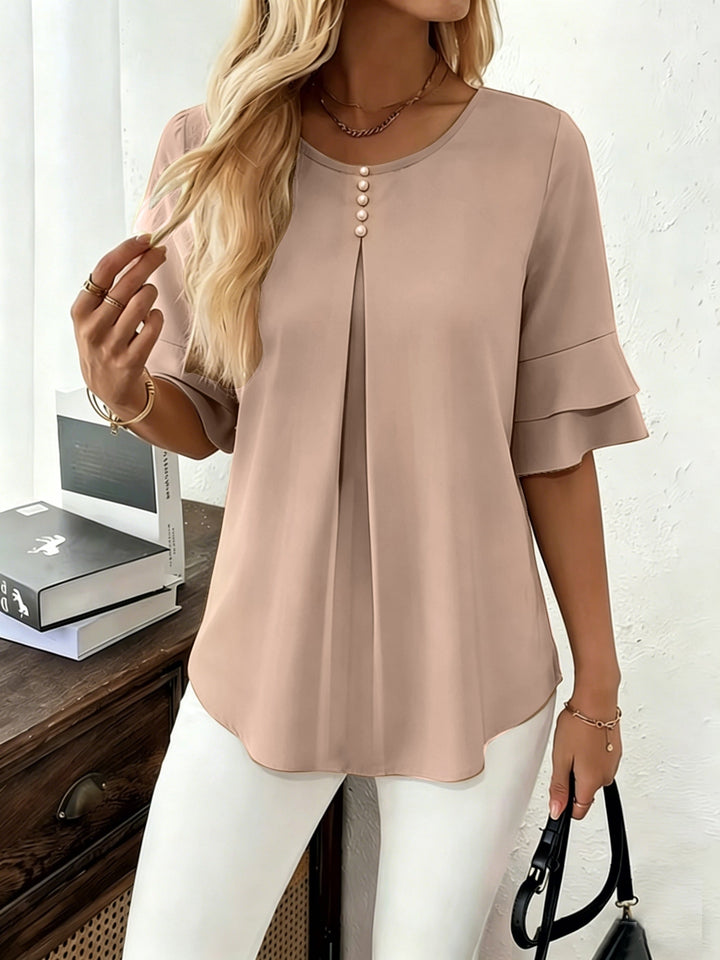 Dames Geplooide Blouse met Uitlopende Mouwen in khaki, Elegant