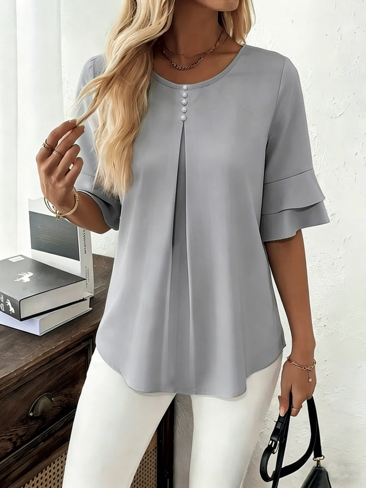 Dames Geplooide Blouse met Uitlopende Mouwen in lichtgrijs, Elegant
