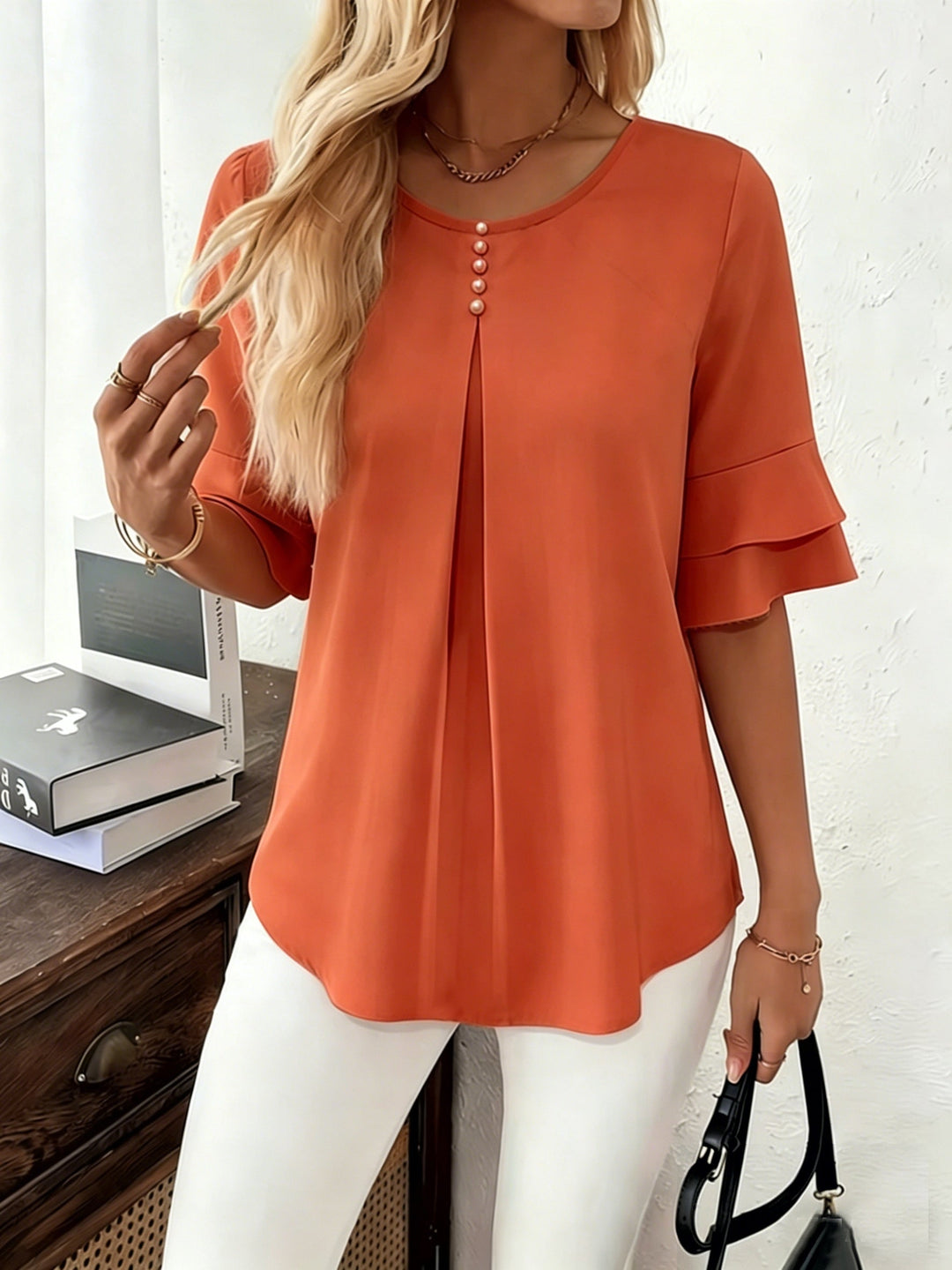 Dames Geplooide Blouse met Uitlopende Mouwen in oranje-rood, Elegant