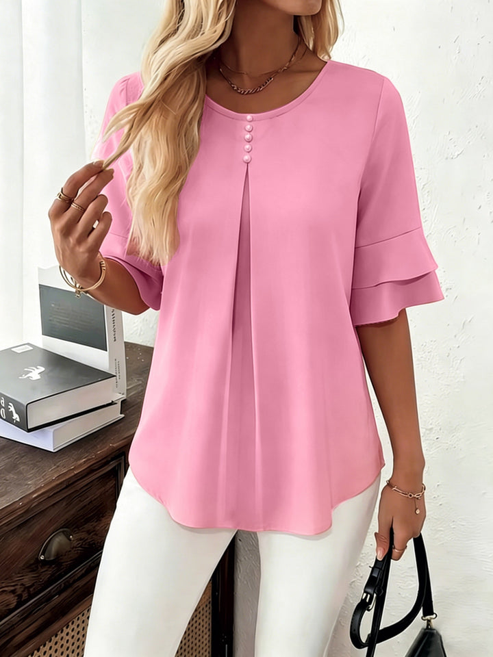 Dames Geplooide Blouse met Uitlopende Mouwen in roze, Elegant