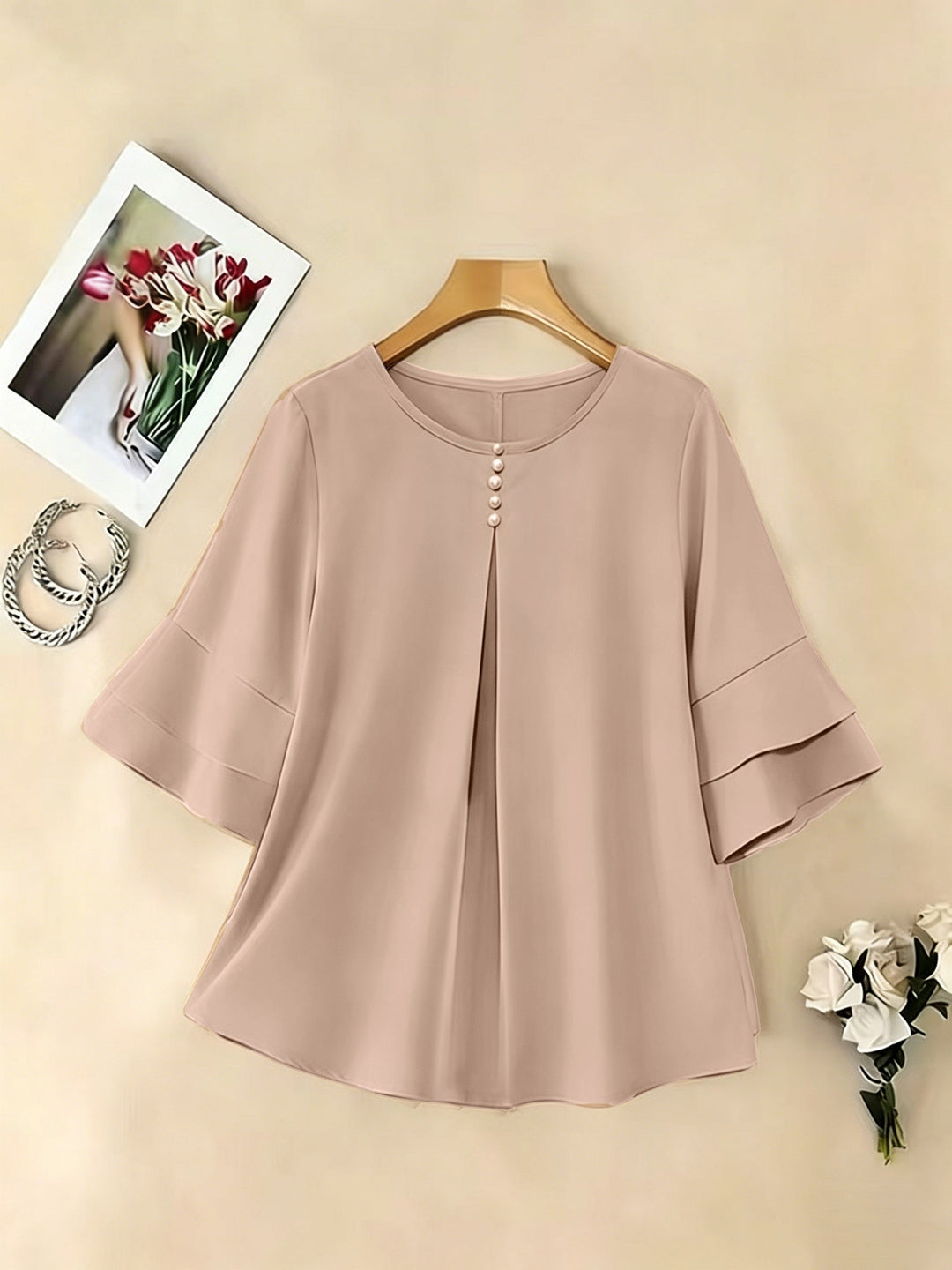 Dames Geplooide Blouse met Uitlopende Mouwen - Elegant