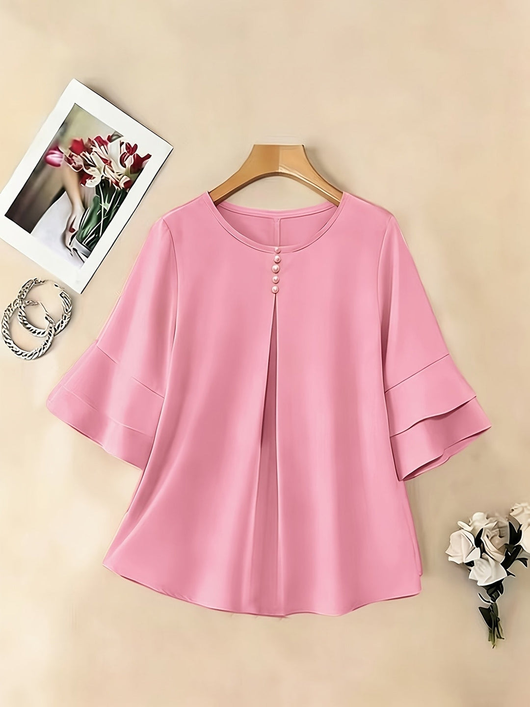Dames Geplooide Blouse met Uitlopende Mouwen - Elegant