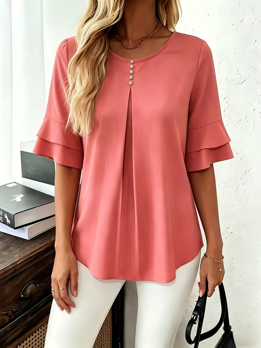 Dames Geplooide Blouse met Uitlopende Mouwen - Elegant