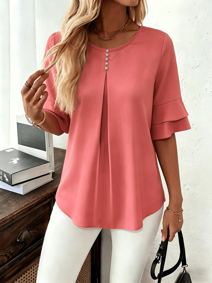 Dames Geplooide Blouse met Uitlopende Mouwen in watermeloenrood, Elegant