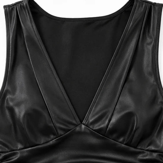Dames Geplooide Mini-Jurk met Diepe V-Hals - Zwart