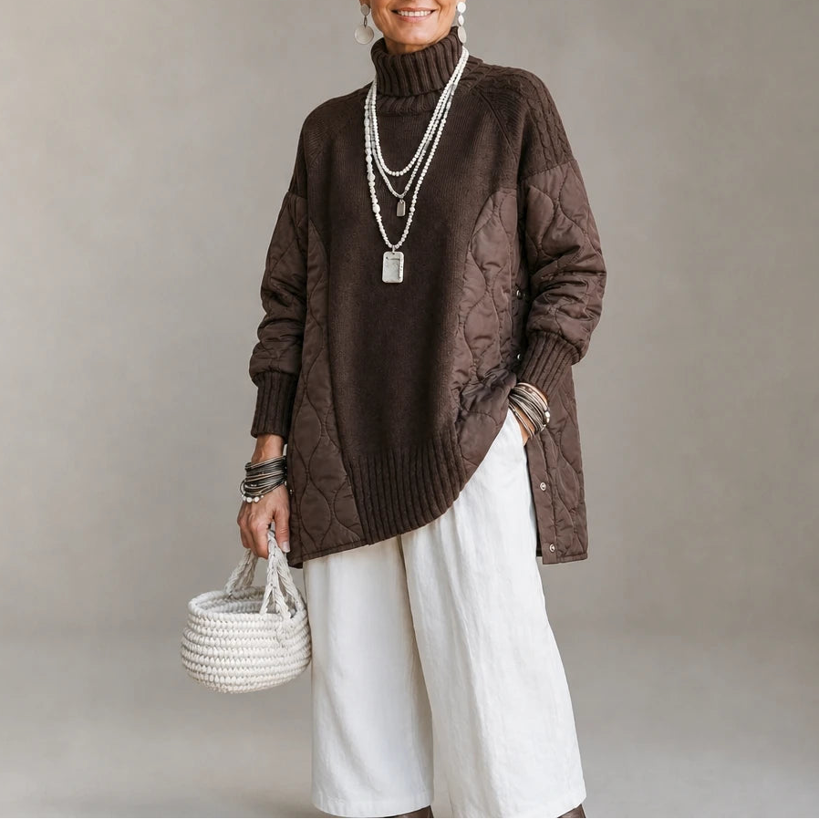 Dames Gequilteerde Coltrui in koffie, Casual Longline Pullover