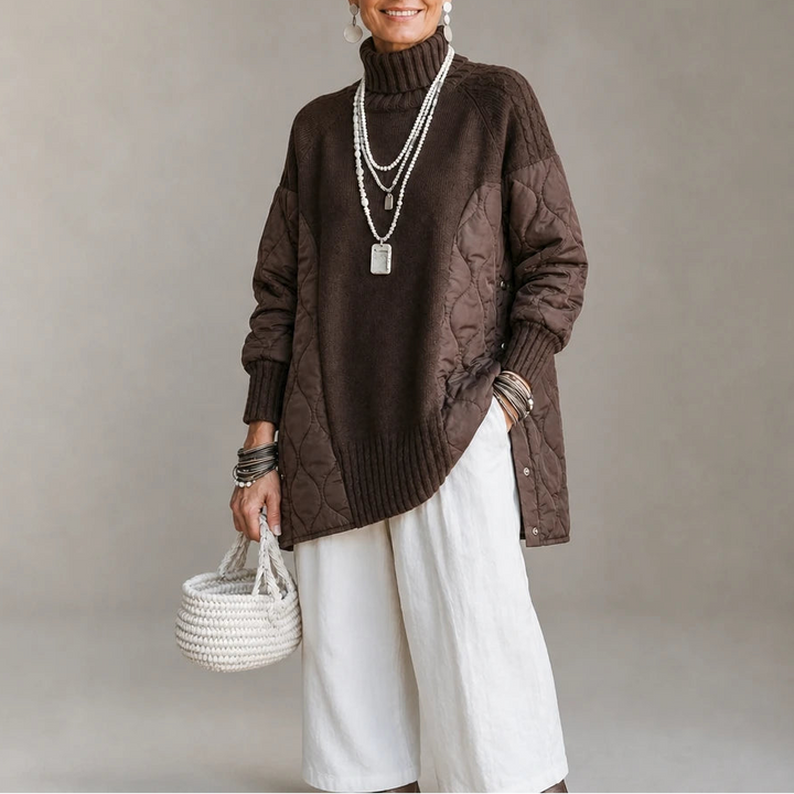 Dames Gequilteerde Coltrui in koffie, Casual Longline Pullover
