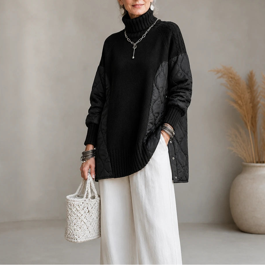 Dames Gequilteerde Coltrui in zwart, Casual Longline Pullover
