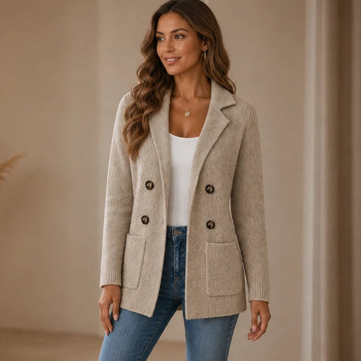 Dames Geribbelde Dubbelrij Cardigan in khaki, Klassieke Werkstijl