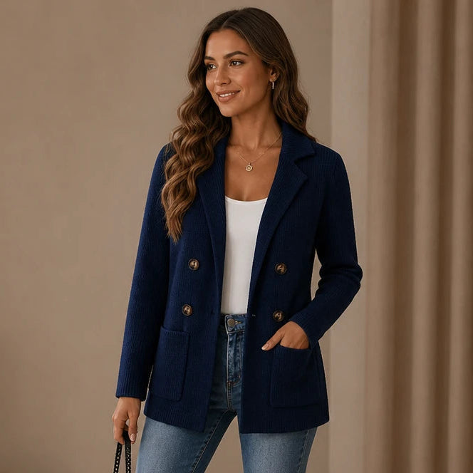 Dames Geribbelde Dubbelrij Cardigan in marineblauw, Klassieke Werkstijl