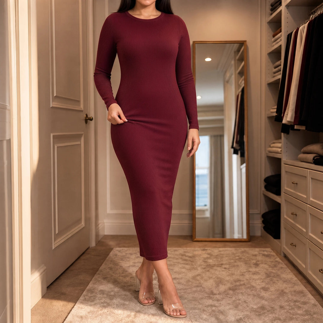 Dames Geribd Bodycon Maxi Jurk - Elegant Minimalistisch