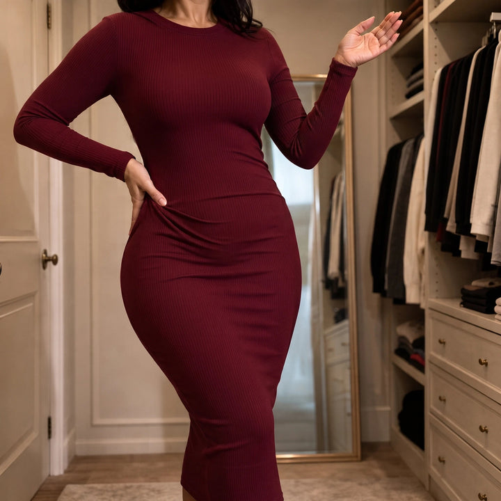 Dames Geribd Bodycon Maxi Jurk - Elegant Minimalistisch