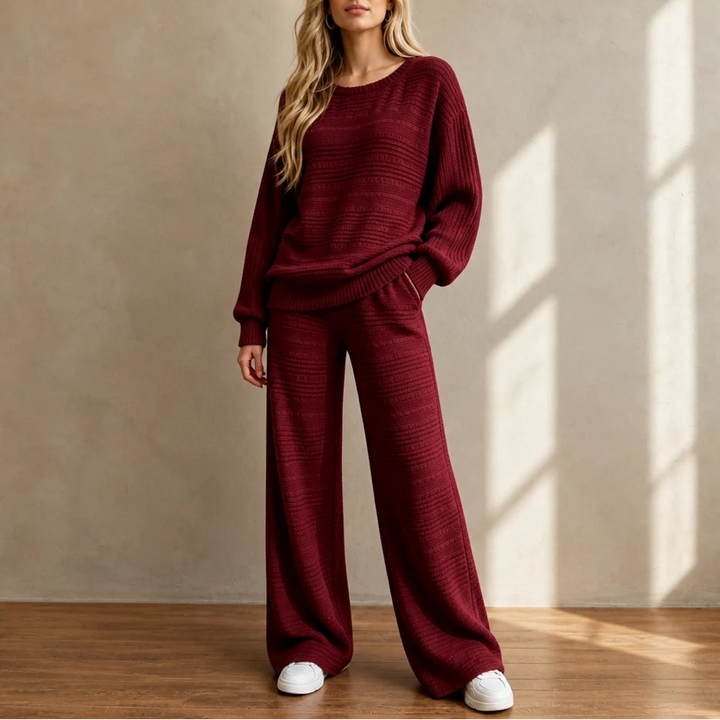 Dames Geribd Gebreide Set in bourgondië, Comfortabel Loungewear