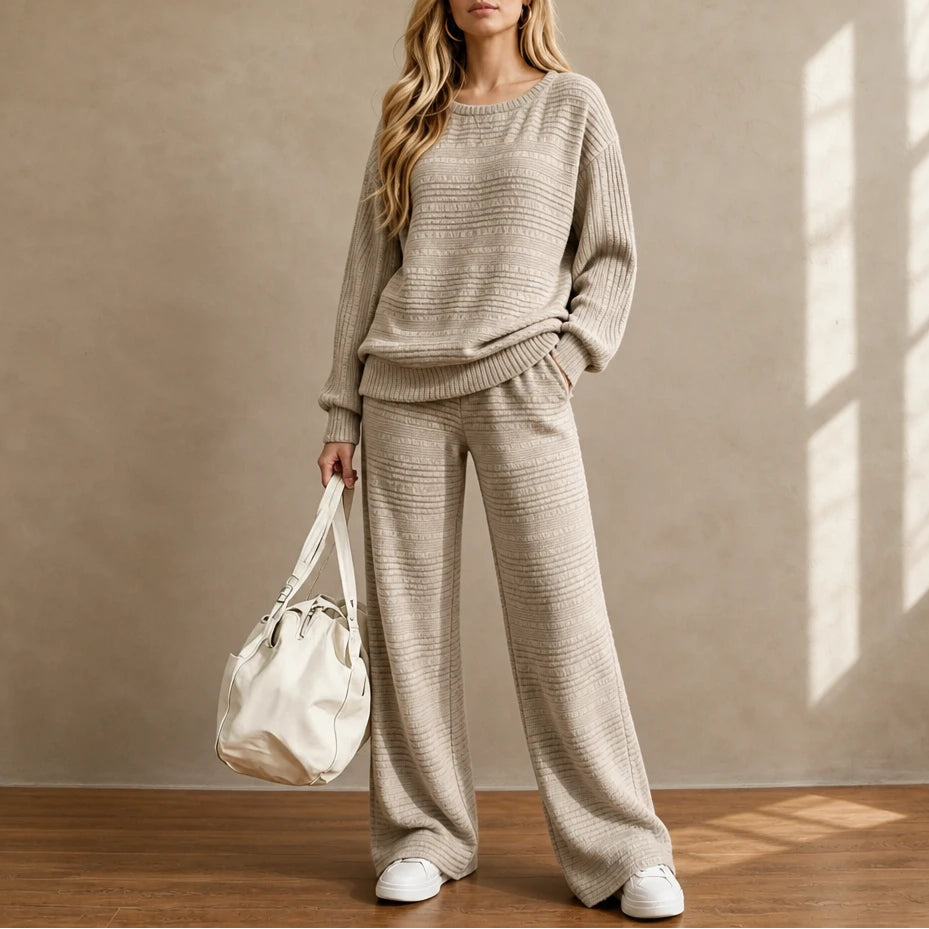 Dames Geribd Gebreide Set in khaki, Comfortabel Loungewear