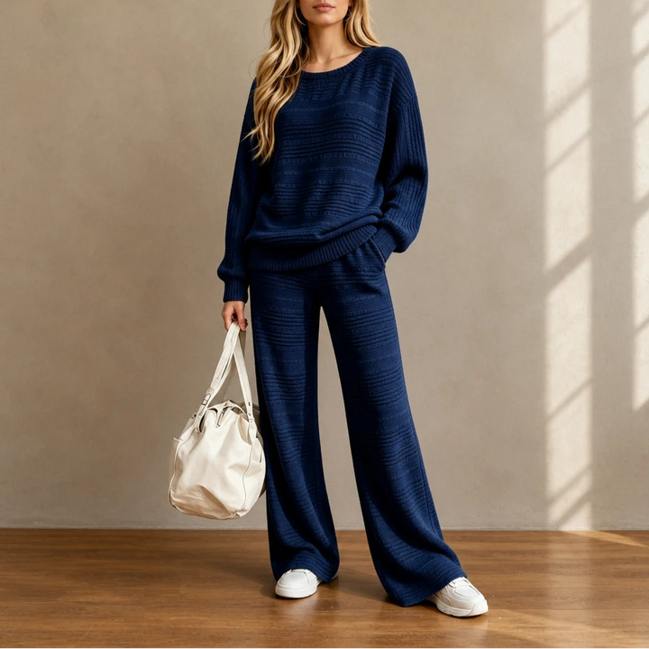 Dames Geribd Gebreide Set in marineblauw, Comfortabel Loungewear