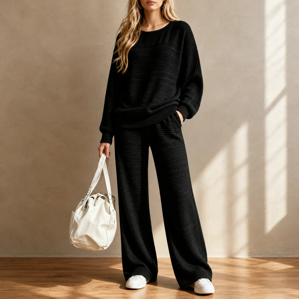 Dames Geribd Gebreide Set in zwart, Comfortabel Loungewear