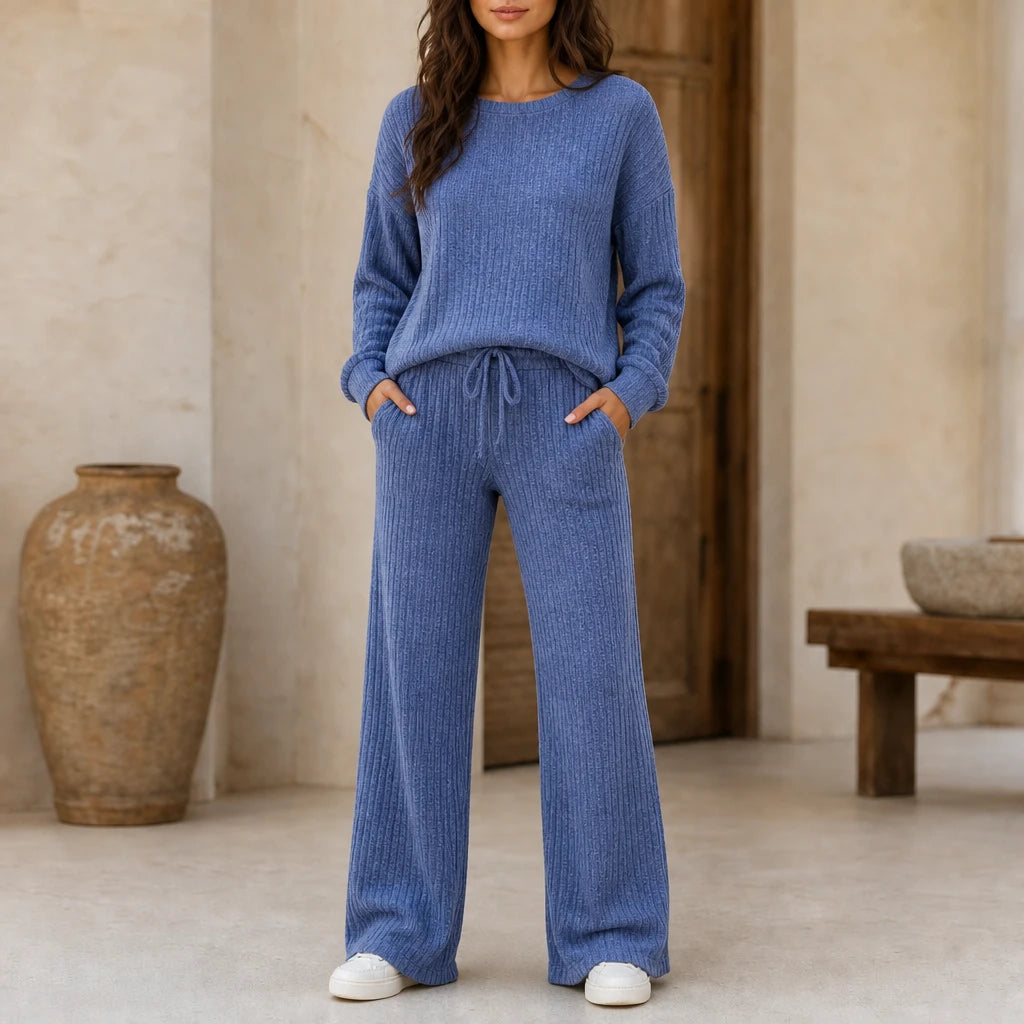 Dames Geribd Loungewear Set in blauw, Comfortabel Thuiskleding